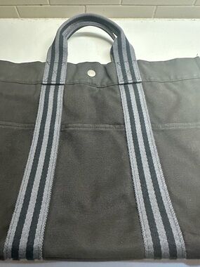 HERMES Black Canvas Tote Bag with Striped Webbing Handles